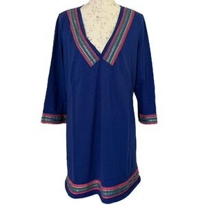 Boden Rosanna Embroidered Jersey Tunic Dress Blue 3/4 Sleeve Swim Cover Up SZ 16